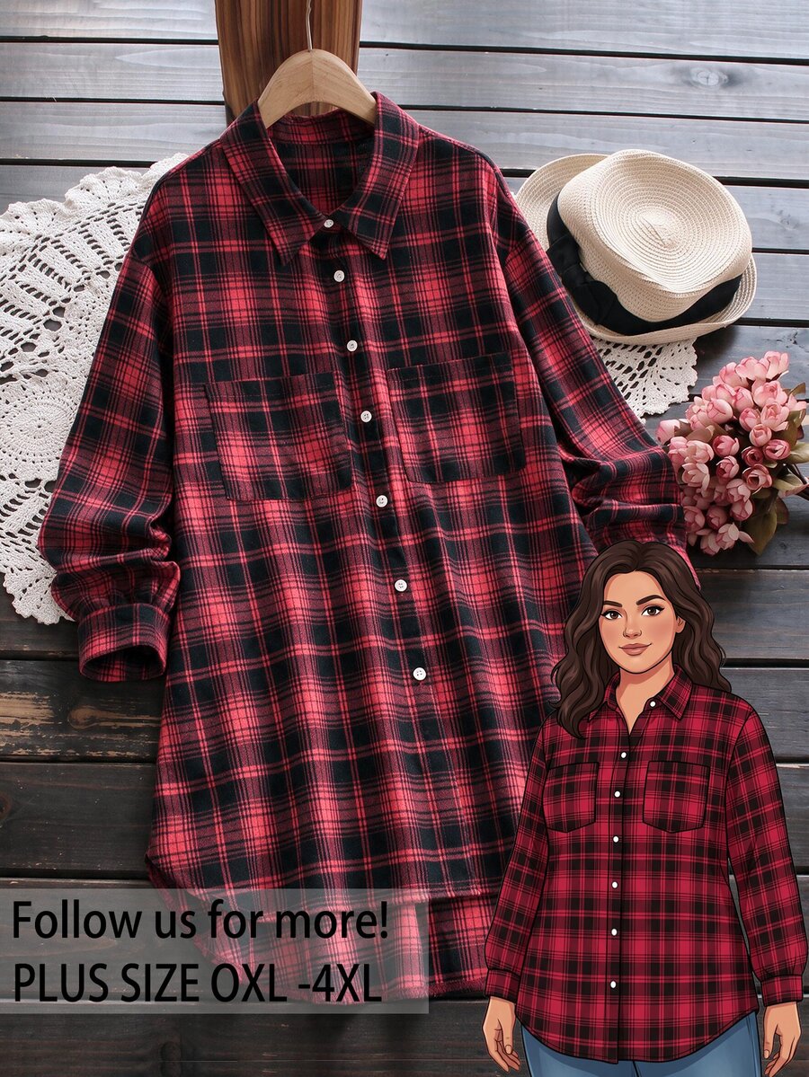 Rusticease Plus Size Women Plaid Casual Versatile Daily Wear Shirt - Red - View 1
