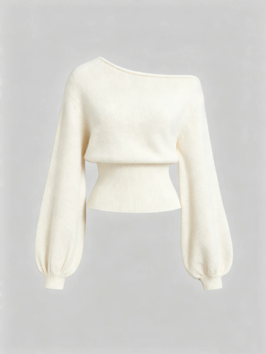 Sweetra Brown Asymmetrical Shoulder Sexy Waist-Cinching Lantern Sleeve Casual Romantic Commute Fashion Street Versatile Knit Top For Women - Apricot - View 1