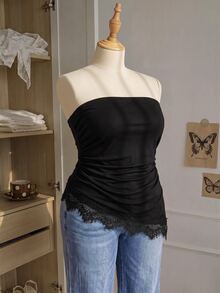Comfortcana Plus Size Sleeveless Bandeau Split Pleated Solid Color Women's Top - Black - View 9