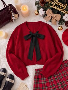 Comfortcana Women's Plus Size Round Neck Long Sleeve Cardigan - Burgundy - View 3