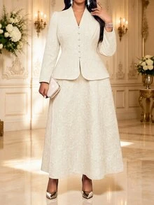 Fleurora 大尺碼女款 V 領修身上衣與裙子時尚優雅套裝 - 杏色 - 查看 6