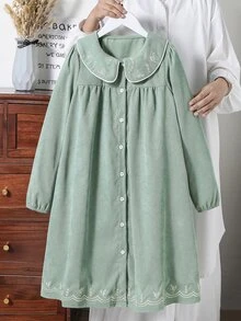 SHEIN Vintaside Kids 女童春秋鼠尾草綠溫柔風鄉村復古簡約羅紋刺繡長袖洋裝，修身優雅，適合海灘派對 - 薄荷綠 - 查看 6