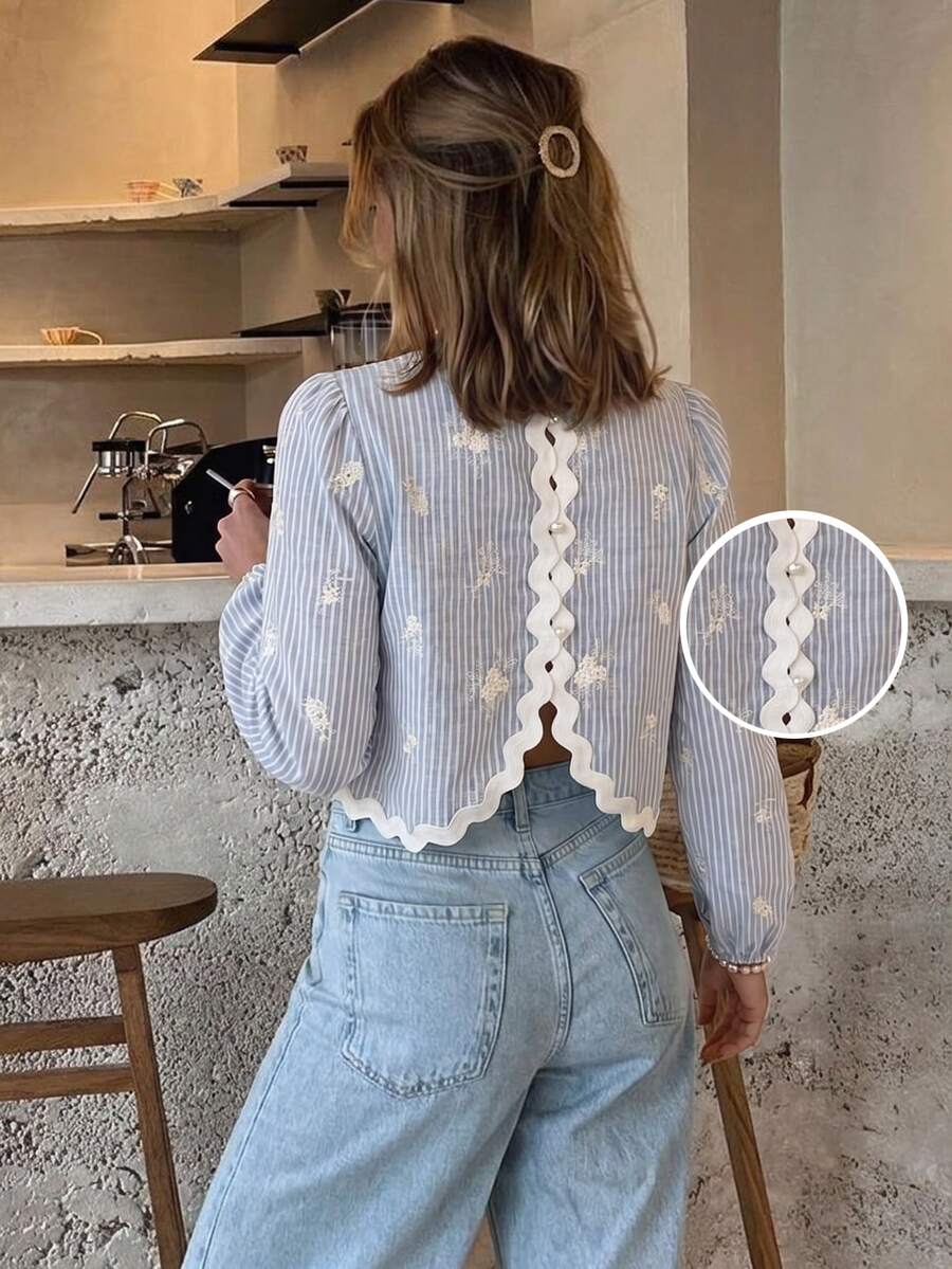 Serisse 女款圓領長袖條紋刺繡背部仿珍珠鈕扣時尚百搭襯衫,秋冬優雅正式奢華商務風 - 彩色 - 查看 1