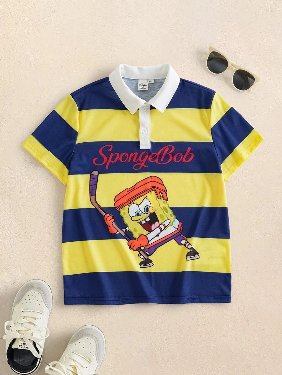 SpongeBob SquarePants | SHEIN Tween Boy Cartoon Print Crew Neck Short Sleeve T-Shirt - Multicolor - View 1