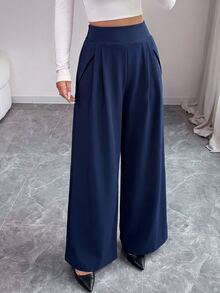 Elenzga Spring Autumn High-Waist Wide Leg Pants For Women With Front Pleats Side Pockets Draped Loose Slimming Double Layer Woven Casual Long Trousers - Navy Blue - View 4