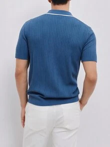 Manfinity Homme 男士極簡風半開襟鈕扣短袖羅紋針織上衣 - 藍色 - 查看 2