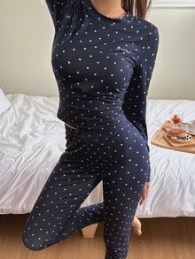 DAZY Women's Polka Dot Long Sleeve Top And Pants Casual Daily Home Pajama Set - Navy Blue - View 5