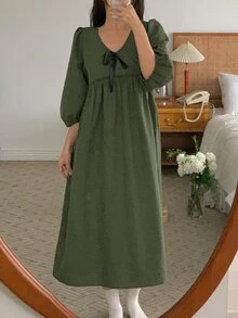 DAZY Solid Tie Front Smock Sleep Dress - Green - View 3