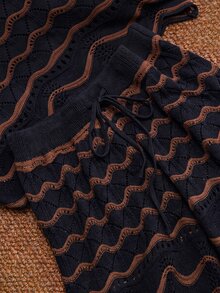 CosyJoli Set Sweater dan Celana Pendek Tali Serut Motif Garis Leher Bulat Tanpa Lengan Ukuran Besar - MultiWarna - View 6