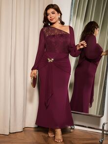 Elaquor Plus Size Women Solid Color Elegant Party Sheer Fitted Dress - Burgundy - View 1