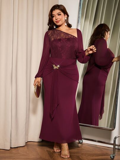 Elaquor Plus Size Women Solid Color Elegant Party Sheer Fitted Dress