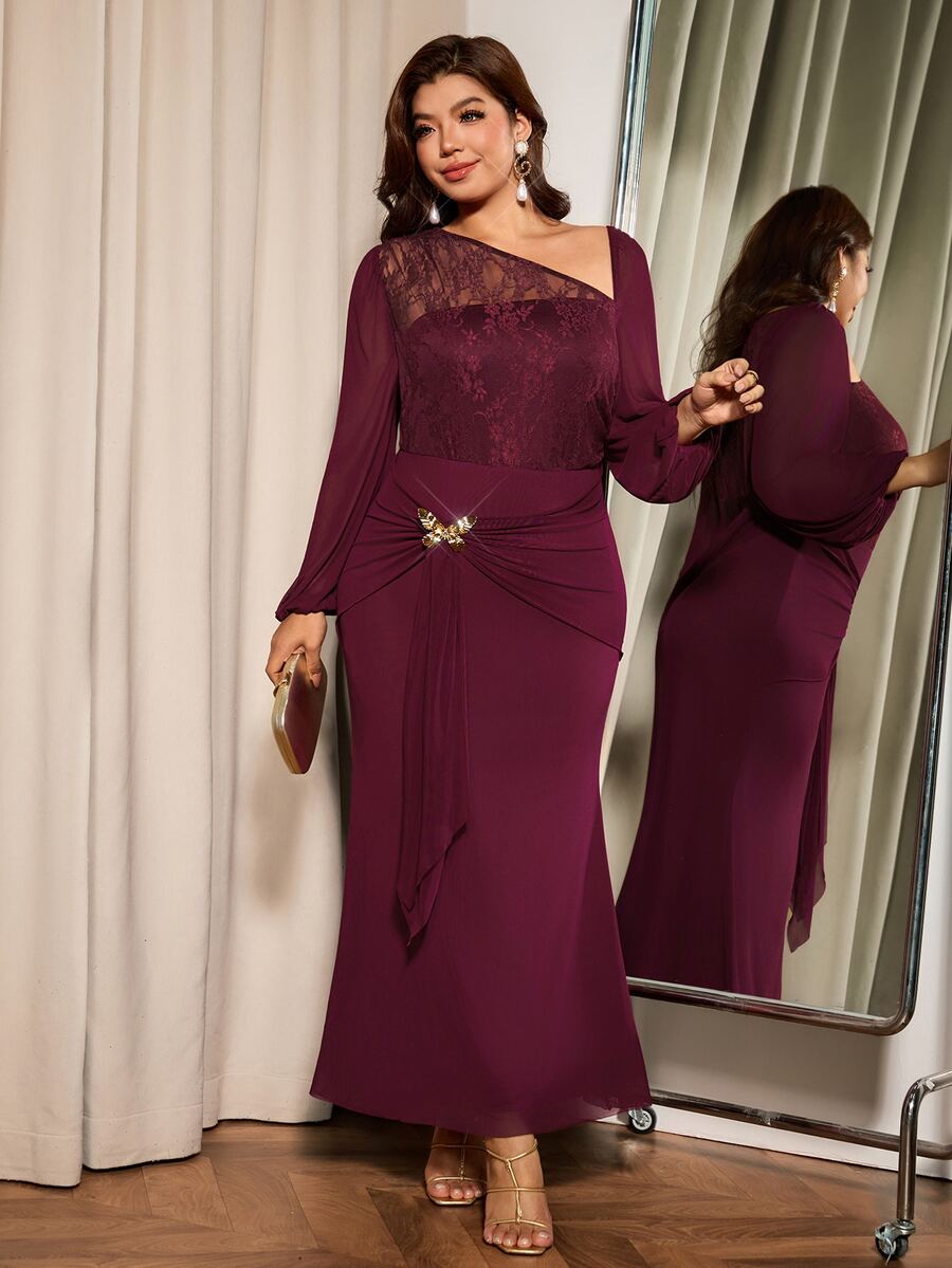 Elaquor Plus Size Women Solid Color Elegant Party Sheer Fitted Dress - Burgundy - View 1