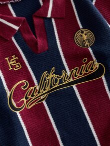 ROMWE MEN Street Life Sweater Rajut Pria Ukuran Besar, Kerah Lipat, Gaya Olahraga Sepak Bola, Streetwear Retro - Burgundy - View 4