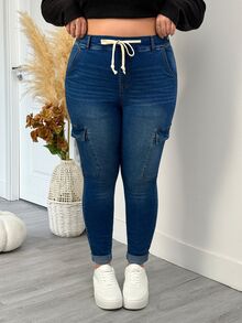 SHEIN CURVE+ Women's Plus Size Blue Washed Stretch Drawstring Waist Denim Jeans, Casual Outwear With Multiple Pockets, Suitable For 5XL-8XL, Autumn/Winter - Blue - View 3