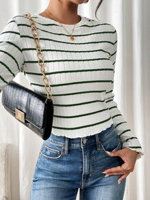 SHEIN Frenchy 休閒女款條紋日常穿著喇叭袖T恤 - 綠色 - 查看 4