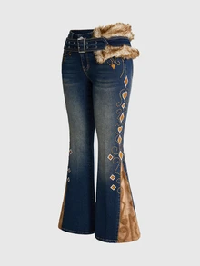 ROMWE Hippie Women's Jeans With Pattern Suede Patchwork, Rivet Decoration And Furry Waistband, Autumn/Winter - Blue - View 1