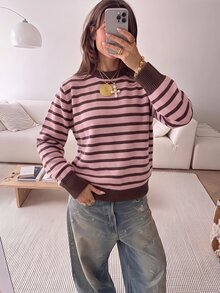 SHEIN EZwear 海外長袖寬鬆草莓巧克力條紋女款毛衣，秋季毛衣，適合日常通勤、派對、秋冬春夏、聖誕節、新年、感恩節、派對、婚禮、海灘、畢業典禮、優雅、外出、約會、通勤、情人節、度假、Y2K、畢業典禮等場合 - 彩色 - 查看 6