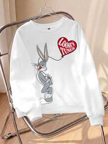 LOONEY TUNES X SHEIN Women's Casual Cartoon Print Crew Neck Long Sleeve Sweatshirt - White - View 7