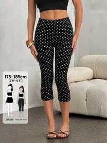 SHEIN Tall 高腰波點印花七分緊身褲 - 黑色 - 查看 5