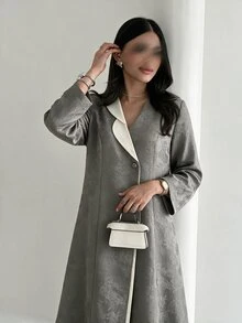 Yasmyna Women's Grey Woven Jacquard Single Lapel Contrast Color Long Sleeve Abaya - Grey - View 6