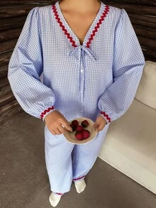 Dazy Plus Contrast Trim Cardigan Long Sleeve Top & Straight Leg Long Pajama Pants 2pcs Set Sleepwear Outfit - Baby Blue - View 6