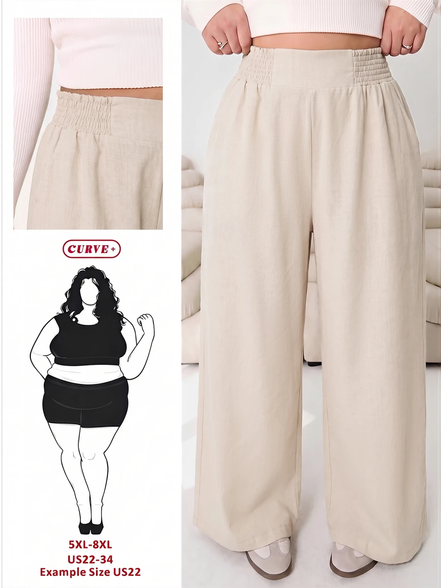 SHEIN CURVE+ 大尺碼女款素色百褶休閒百搭日常穿著長褲 - 卡其色 - 查看 1