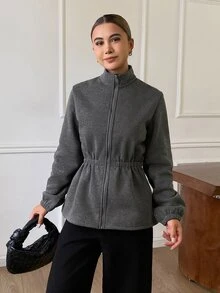 Livesso 灰色亮片裝飾立領拉鍊收腰百褶下擺長袖時尚優雅運動衫外套 - 灰色 - 查看 4