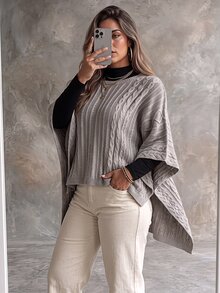 Ceyna Plus Size Women's Fashion Cable Rope Grey Crew Neck Poncho Sweater Pullover Casual Smart Loose Cape Outerwear Top For Autumn/Winter Formal Holiday - Khaki - View 7