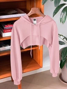 SHEIN EZwear 抽繩設計超短版連帽衛衣－黑白配色，秋冬長袖上衣 - 粉色 - 查看 7
