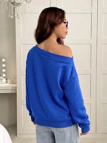 SHEIN EZwear 秋冬款皇家藍保暖內裡寬鬆不對稱肩設計女款運動衫 - 寶藍色 - 查看 2