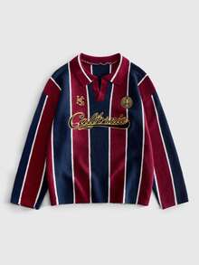 ROMWE MEN Street Life Sweater Rajut Pria Ukuran Besar, Kerah Lipat, Gaya Olahraga Sepak Bola, Streetwear Retro - Burgundy - View 1