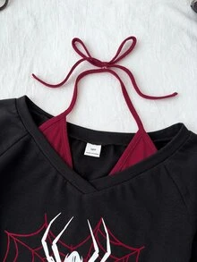 SHEIN Tween Girl Tween Girls Black Heart Web Spider Graphic Boat Neck Raglan Three Quarter Sleeve Slim Fit T-Shirt Cool Halloween Fall Winter Top - Black - View 5