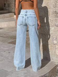 SHEIN Warm Effect Low Waist Casual Style Light Blue Snow Wash Regular Fit Button Front Frayed Belt Wideleg Jean - Light Wash - View 2