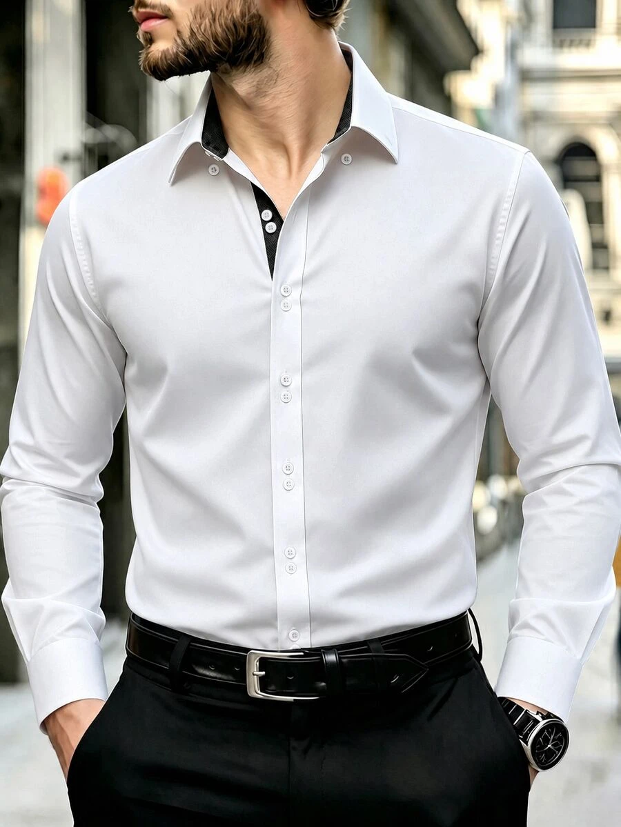 Manfinity Mode Men's Long-Sleeve Casual Shirt: Premium Embossed Design With Contrasting Accents. - White - View 1