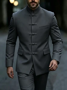 Manfinity Mode Men's Luxurious Frog Button Design Stand Collar Blazer, The Stand Collar Design Provides More Styling And Layering, Suitable For Daily Commute, Business, Party And Banquet Wear. This Blazer Is An Indispensable Versatile Item In Men's Wardrobe, Making It A Perfect Gift For Boyfriend Or Husband - Dark Grey - View 4