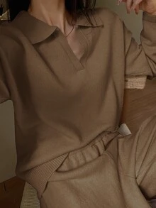 DAZY Women's Solid Color Long Sleeve Top And Pants Casual Daily Knit Two Pieces Set - Brown - View 2