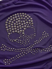 ROMWE Grunge Punk Women's Grey Purple Studded Skull Mesh T-Shirt Top, Thin & Sheer, Sexy Street Punk Style, Spring Summer - Violet Purple - View 3