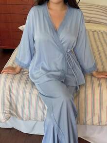 Dazy Plus Casual Minimalist Asymmetric Front Tie Top & Pants 2pcs Set Home Wear Elegant Pajama Outfit - Blue - View 4