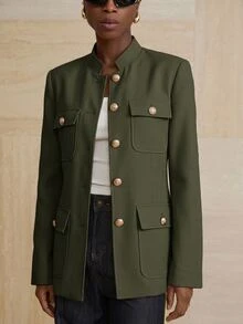 Aveloria Modichic Small Stand Collar Tweed Single-Breasted Metal Button Decor Belted Utility Jacket - Green - View 5