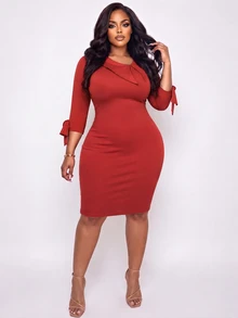 Poshavie Poshavie Plus Size Women's Elegant High-End Minimalist Dress, Stretchy Comfortable Fitted Mid-Length, Commuting, Dating Dinner Office Autumn Thanksgiving Brown - Rust Brown - View 6