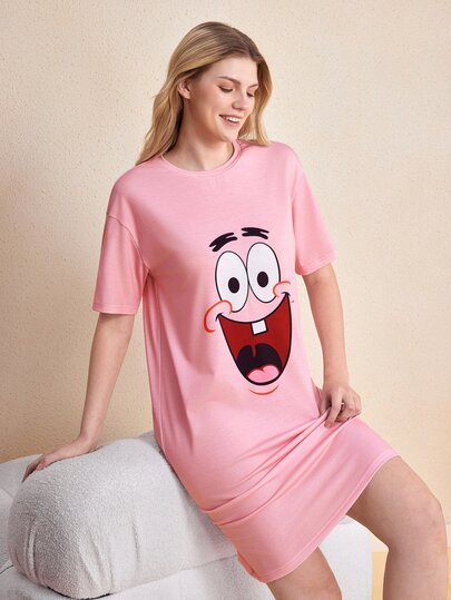 SpongeBob SquarePants | SHEIN Women's Cartoon Print Short Sleeve Comfortable Nightgown
