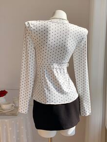 Comfortcana Women's Korean Style Sweet Polka Dot Print Lace Patchwork Long Sleeve T-Shirt Casual Blouses 2000s Style Work Tops - Black and White - View 3