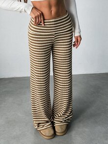 SHEIN Tall 女款摺腰運動休閒條紋喇叭褲 - 彩色 - 查看 4