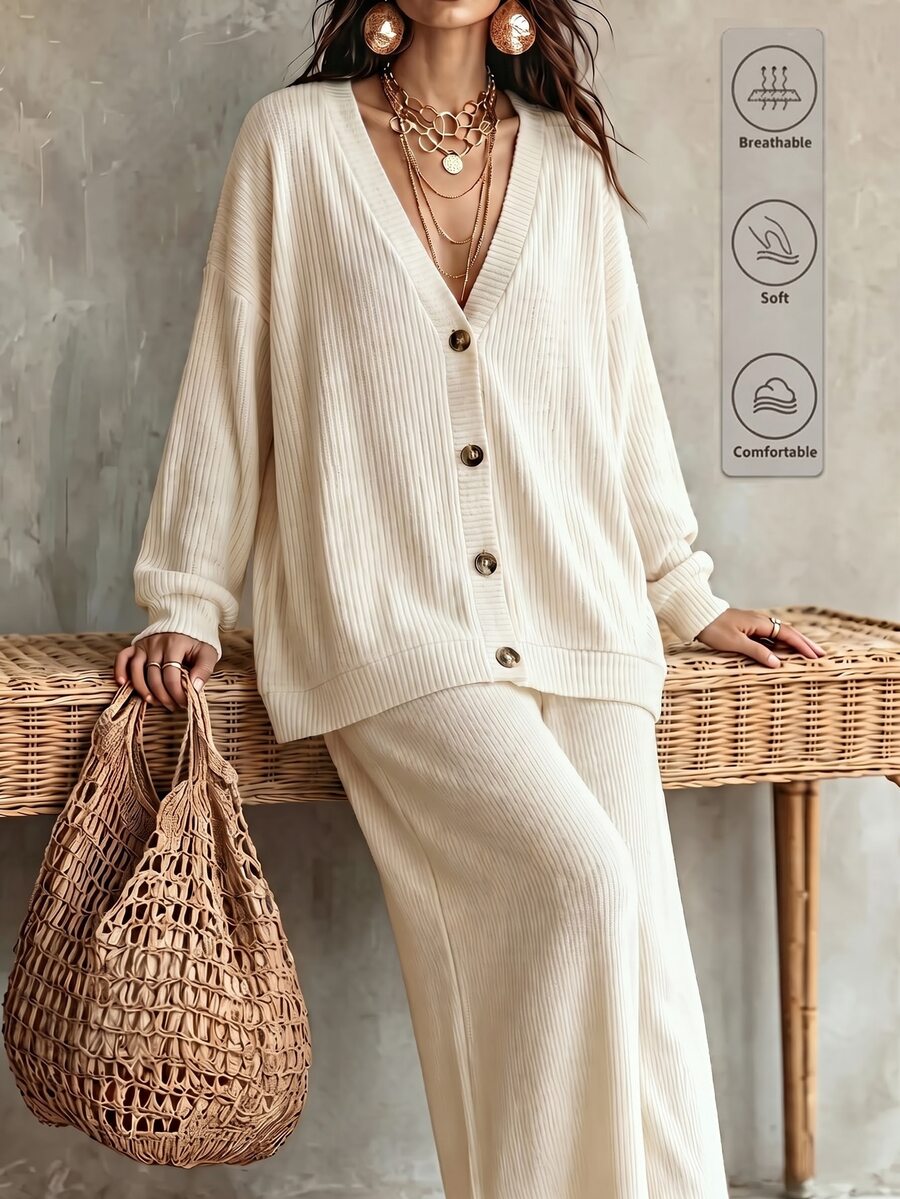 Glimmora New Women's Fashion Casual Versatile Ribbed Knit Cardigan & Pants Set - Apricot - View 1