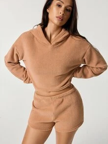 SHAPORA Women's Autumn/Winter Fashion Minimalist Comfortable Khaki Half-Fleece Short Sweatshirt & Ultra Shorts Loungewear 2pcs Set - Khaki - View 5