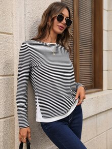 EMERY ROSE Women's Fine Striped Pattern Long Sleeve Crew Neck Versatile Casual T-Shirt - Black and White - View 5