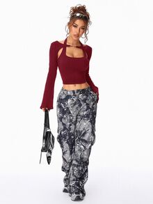 SHEIN EZwear 女款秋冬 Y2K 羅紋針織二合一連身衣喇叭袖長袖上衣 - 酒紅色 - 查看 4