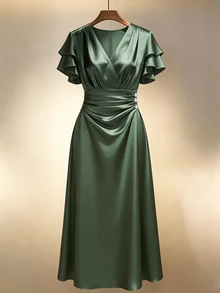 GlowEve CURVE Plus Size Elegant Party Style Ruffle V-Neck Cinched Waist Dress - Green - View 1