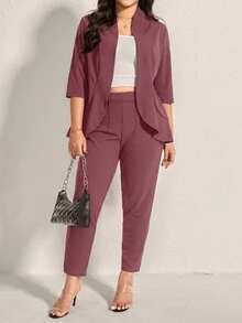 Comfylo Plus Size Women Solid Color 3/4 Sleeve Blazer And Pants 2 Pieces Office Suit, Business Casual Woman - Dusty Purple - View 5