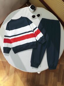 SHEIN 男嬰對比色條紋馬標誌不對稱印花圓領長袖套頭運動衫與運動褲套裝，百搭舒適，學院運動休閒風，適合春夏秋冬 - 彩色 - 查看 2